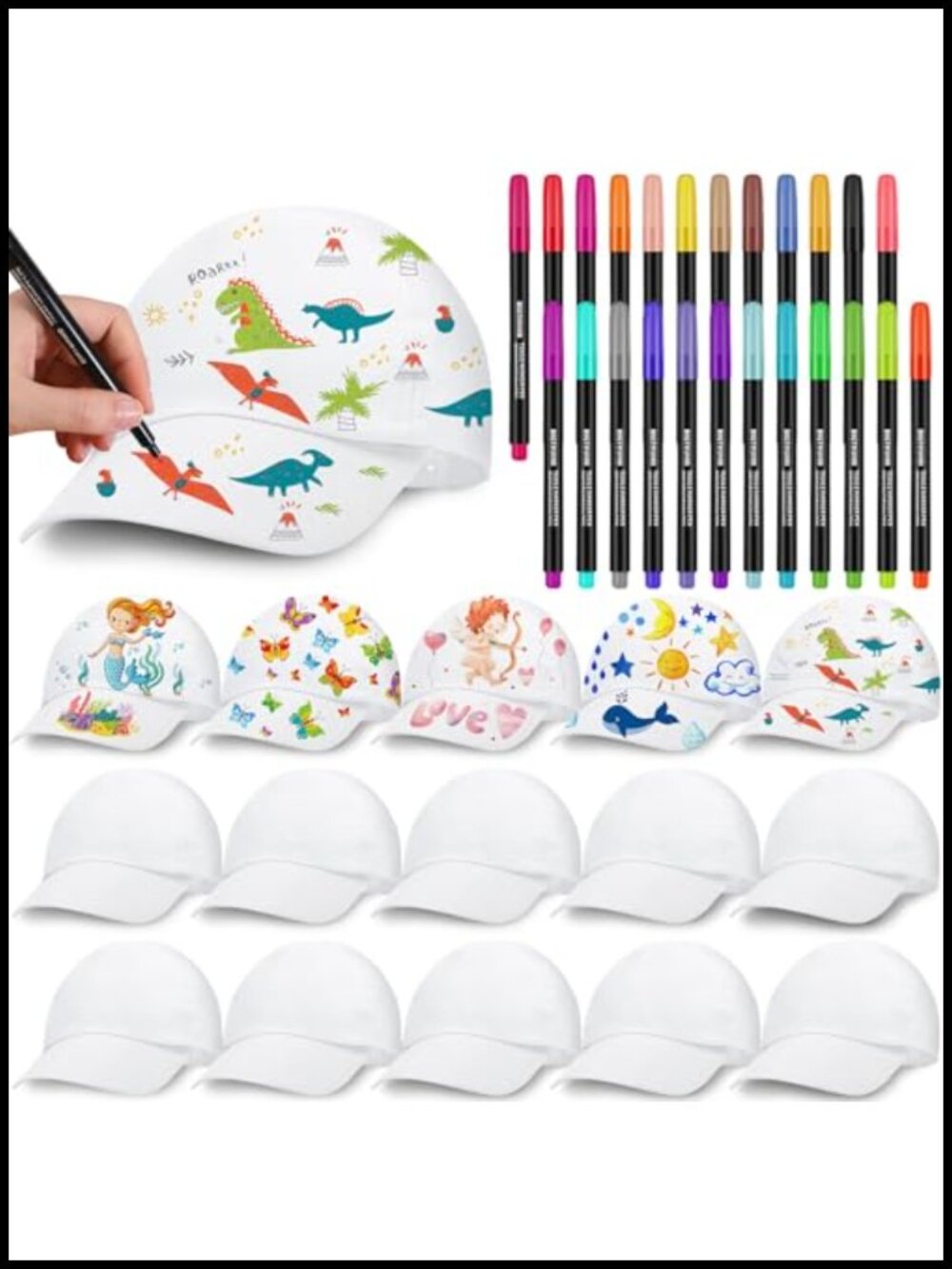 Kids DIY Blank Baseball Cap Set with Fabric Markers Polyester Adjustable